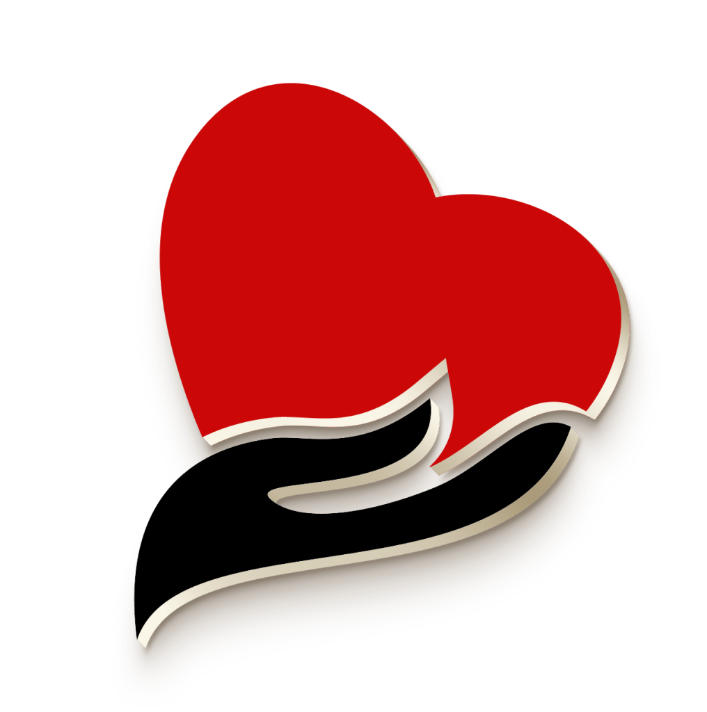 A stylized illustration of a red heart resting on a black hand, symbolizing love and support.