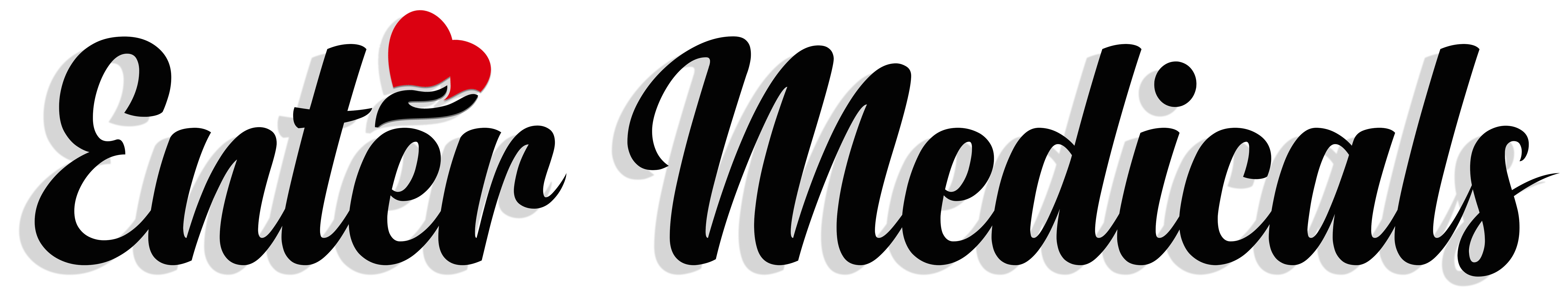Text logo for 'Enter Medicals' featuring a stylized font in black with a red heart above the 'E'.
