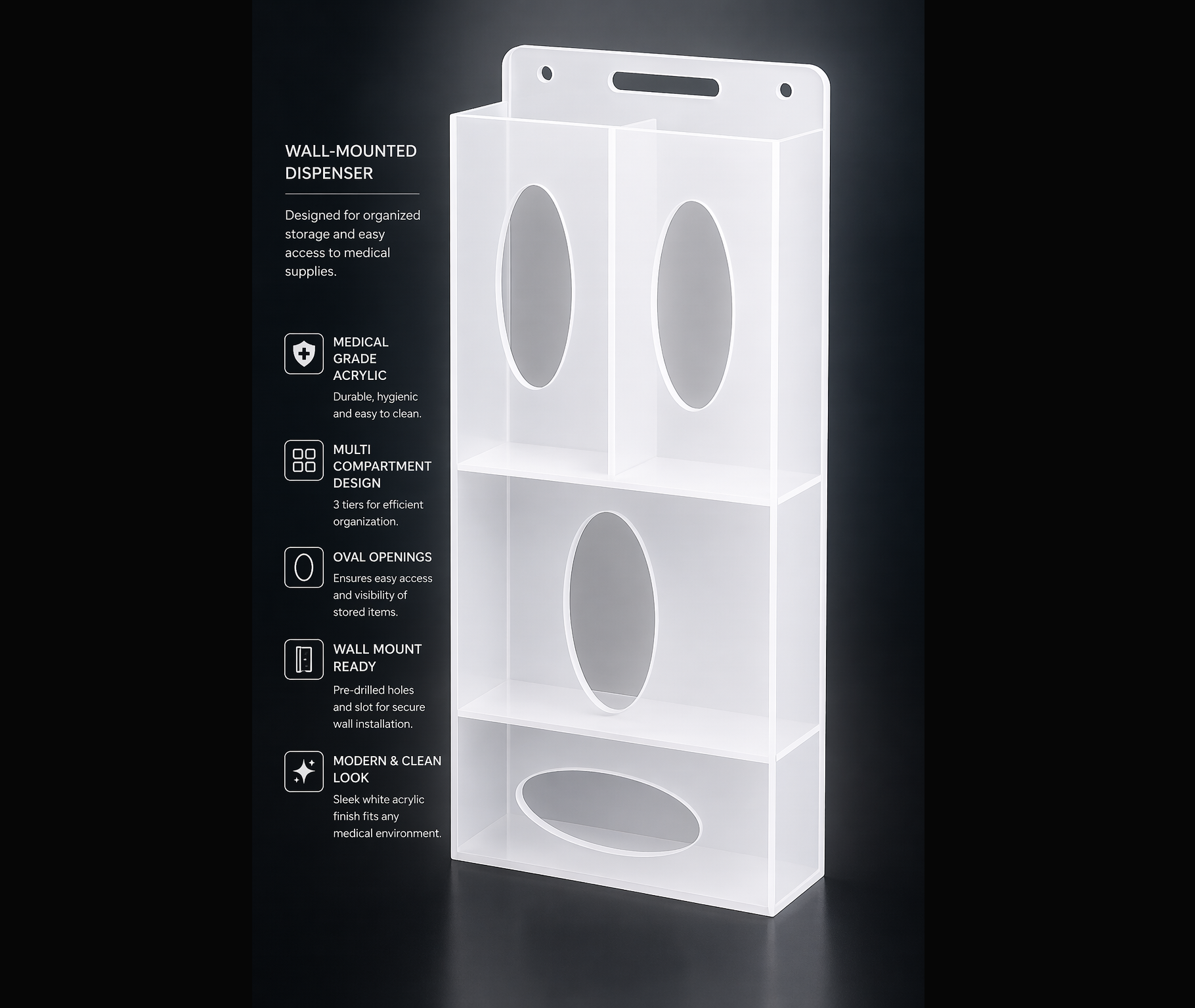 Wall-mounted medical-gradeacrylic dispenser organizer,منظم جداري أكريليك طبي، موزع جداري أكريليك للمستلزمات الطبية، منظم موزع جداري للمستلزمات الطبية، منظم مستلزمات طبية جداري أكريليك