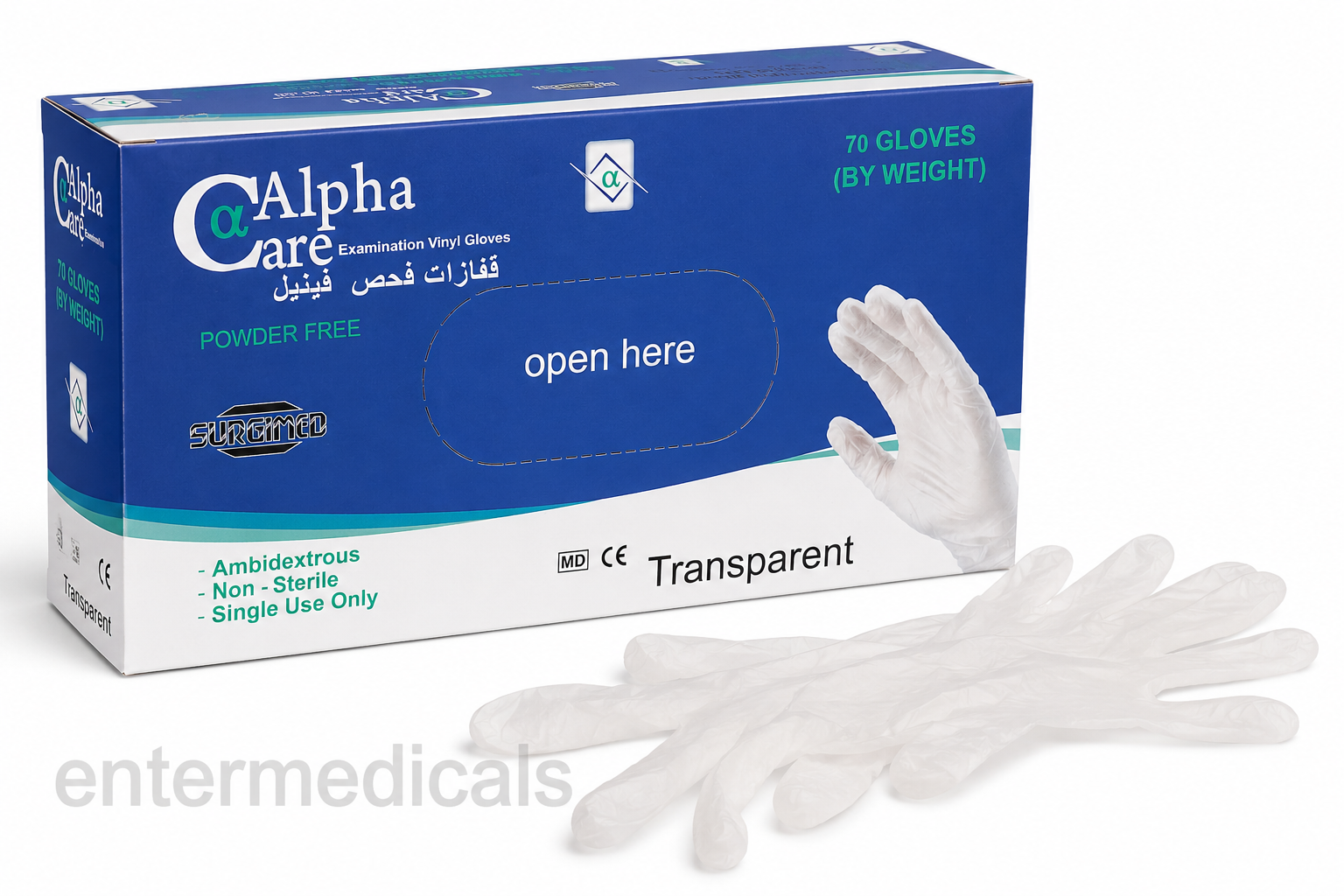 Alpha Care Examination Vinyl Gloves – Powder Free (Transparent),قفازات ألفا كير الفحصية من الفينيل – خالية من البودرة (شفافة)