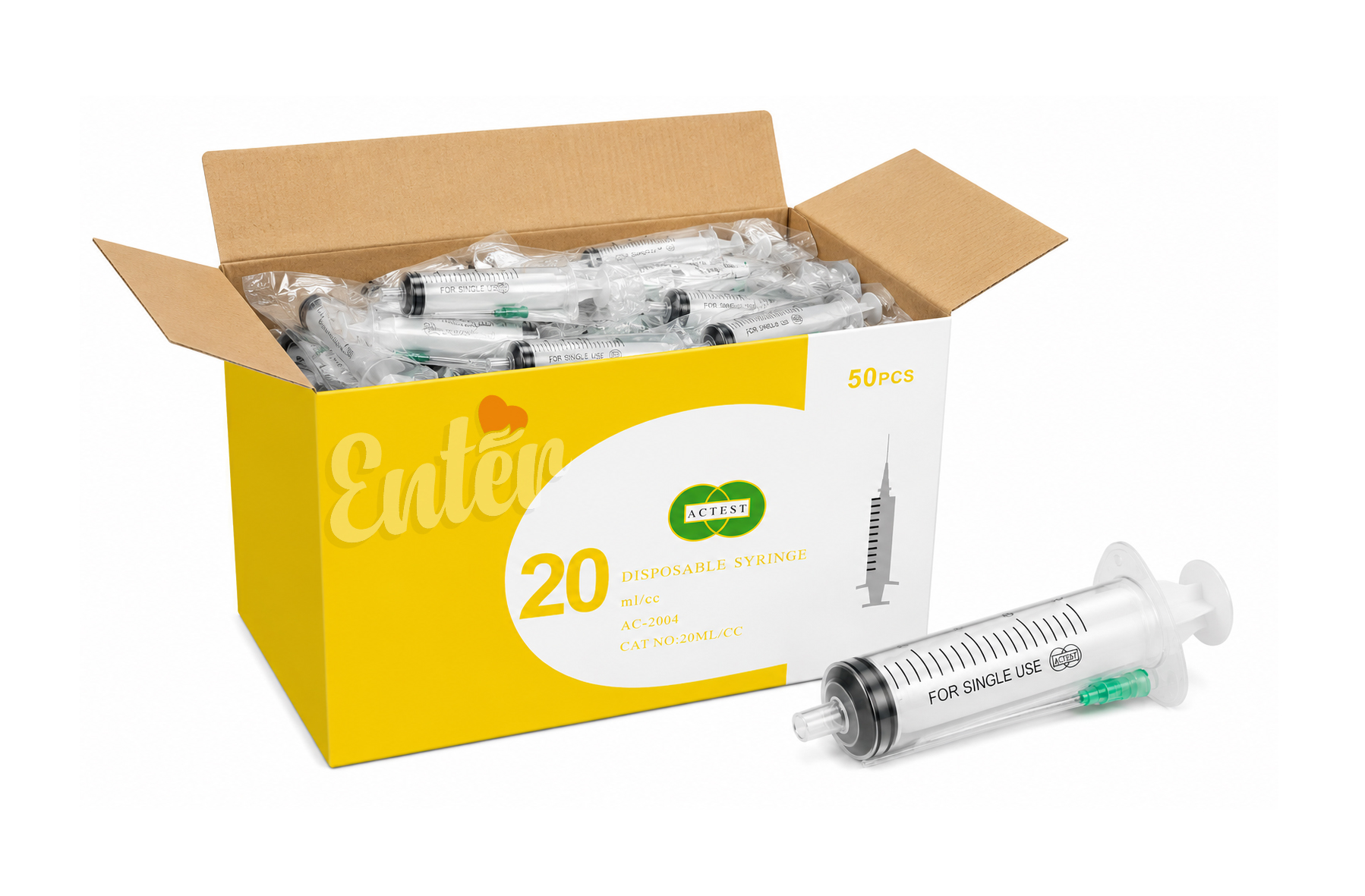 ACTEST Disposable Syringe – 20 cc/ml – Luer Lock (50 pcs),سرنجات 20 مل معقمة صيني 50 قطعه,سرنجات طبية معقمة مع إبرة قابلة للإزالة