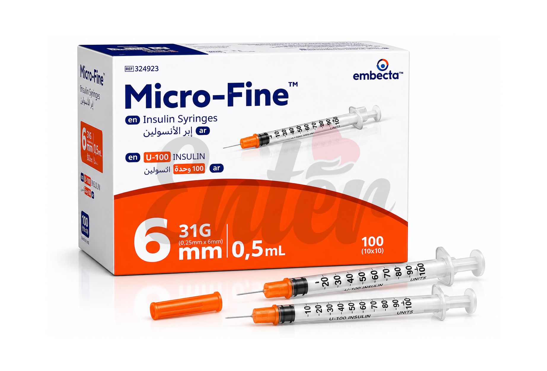 Micro-Fine™ U-100 Insulin Syringes 31G box/100,إبر ميكرو فاين™ للأنسولين U-100 مقاس 31G – علبة 100 إبرة,Bd microfine insulin syringes 0.5 ml