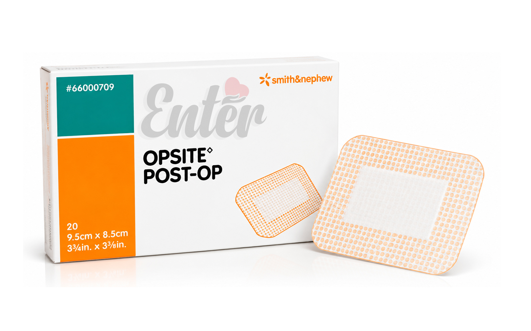 Smith & Nephew OPSITE POST-OP Dressing REF 66000709 | 9.5 cm × 8.5 cm (3¾” × 3⅜”) | Box of 20 Sterile,ضمادة ما بعد العمليات الجراحية من اوبسيت، 9.5 × 8.5 سم,لصقات اوبسايت بعد العمليات الجراحيه,ضمادة ماصة بعد العملية مقاومة للماء والبكتيريا 9.5X8.5 سم,سميث آند نيفو – ضمادة معقمة لاصقة معقمة بعد الجراحة – 9.5*8.5 سم 