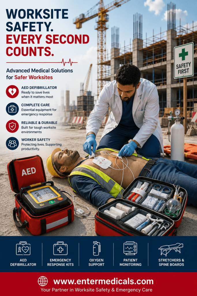 A medical professional using an AED on a worker lying on the ground at a construction site, surrounded by emergency response equipment, with safety messages prominently displayed.