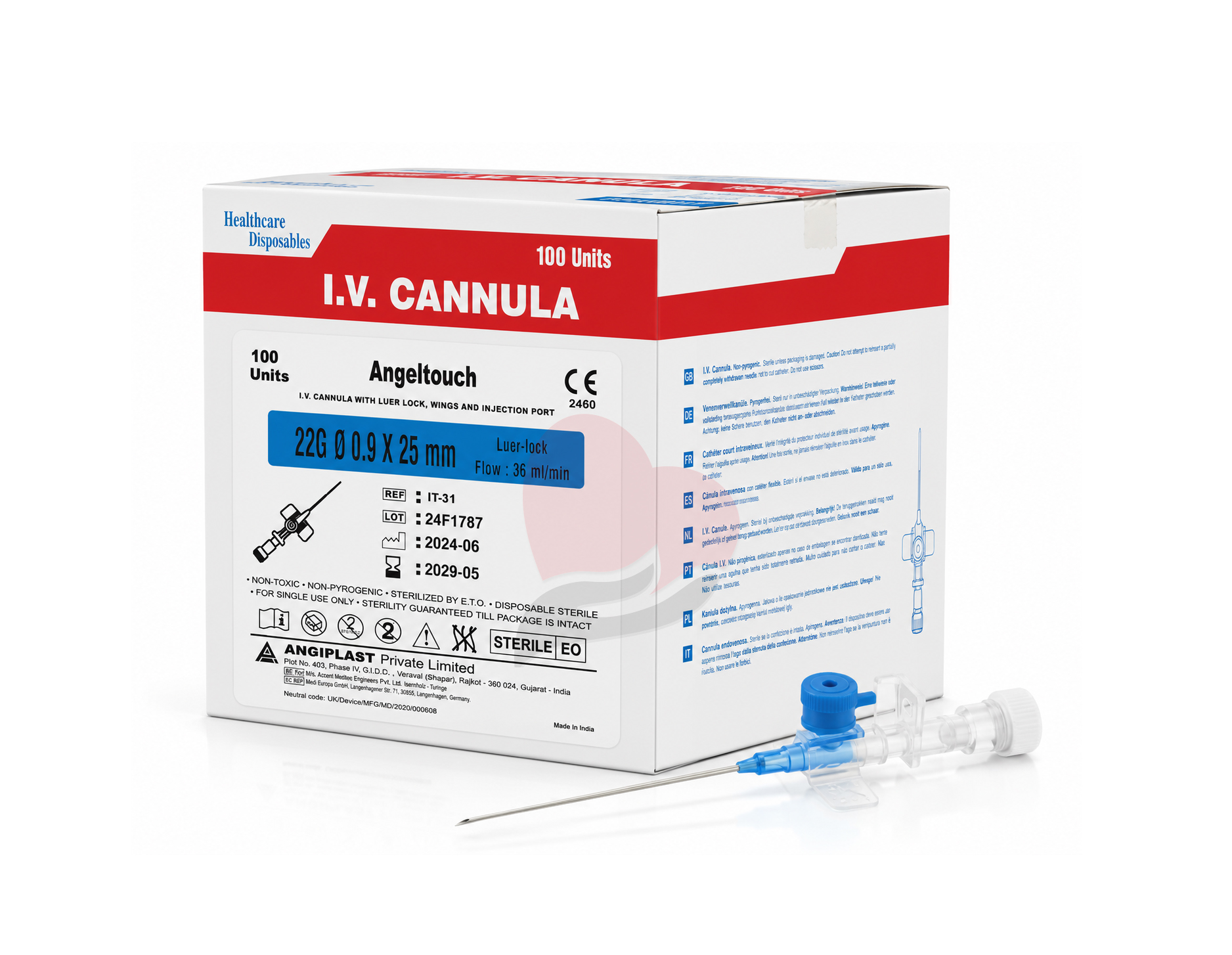 AngelTouch 22G I.V. Cannula with Luer Lock Wings & Injection Port – REF IT-31,ابر كانويلا قسطرة وريدية مجنحة 22G
