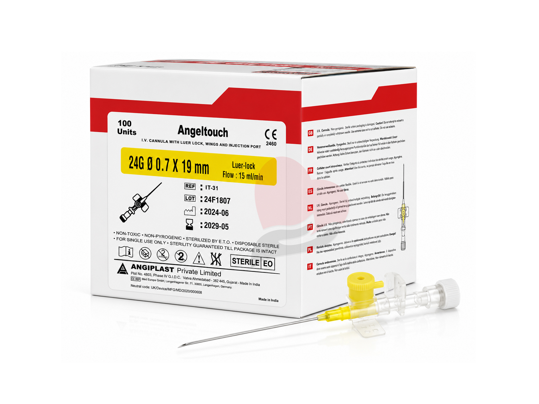 Angeltouch I.V. Cannula with Luer Lock Wings & Injection Port – 24G × 19 mm,ابر كانويلا قسطرة وريدية مجنحة 24G,كانيولا وريدية هندي مقاس 24