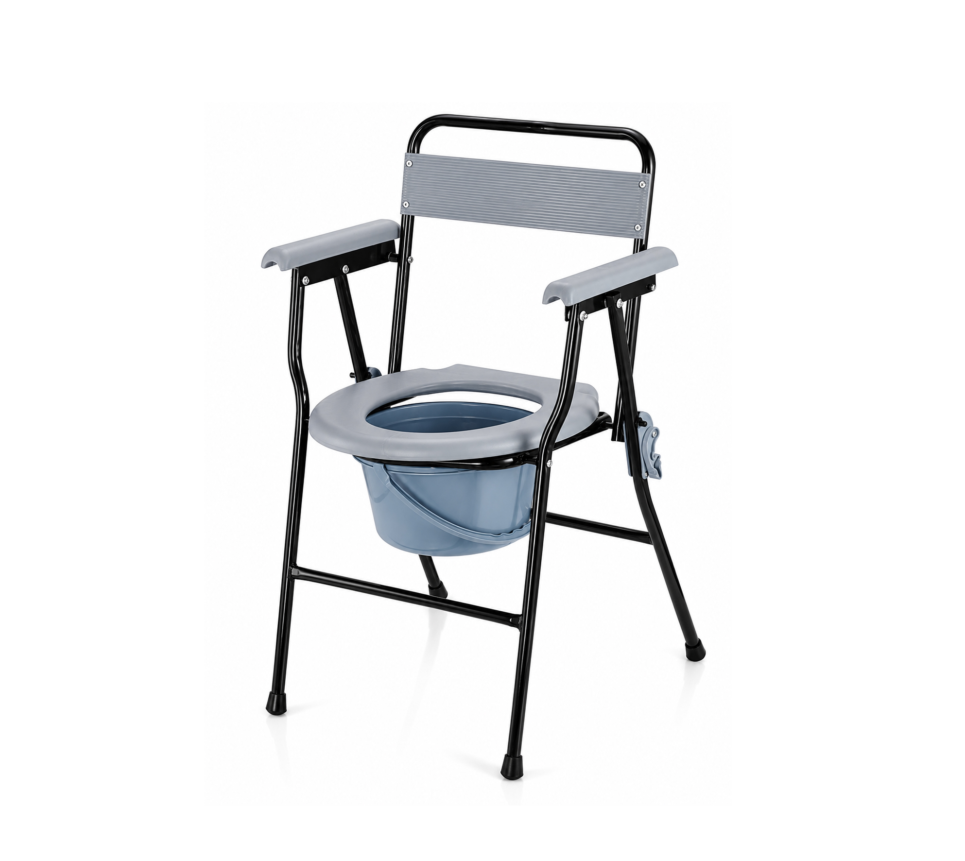 Foldable Steel Commode Chair with Black Frame, Grey Seat & Armrests,Steel Commode Chair  CA699-1,كرسي كومود خفيف الوزن قابل للطي مع تحميل علوي قابل للازالة بسهولة، كرسي مرحاض او كرسي تواليت، سهل التنظيف