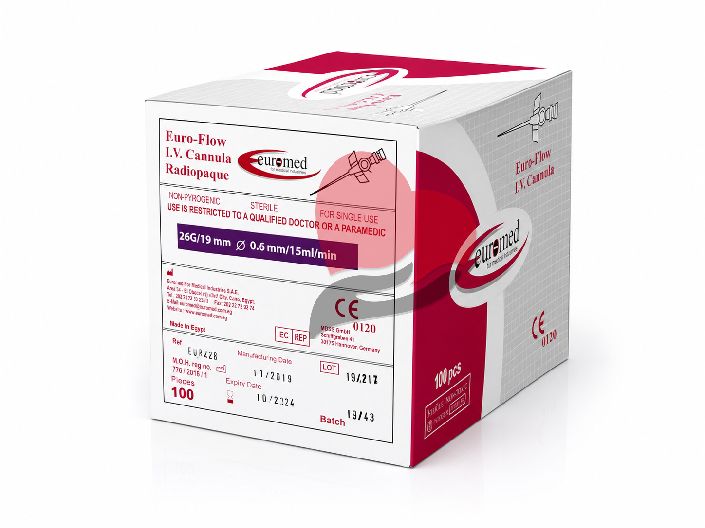 Euromed Euro-Flow I.V. Cannula – Radiopaque (26G / 19 mm),يوروميد كانيولا يوروفلو الوريدية المعتمة للأشعة (26G / 19 مم),كانيولا وريدية,ابر كانويلا قسطرة وريدية مجنحة