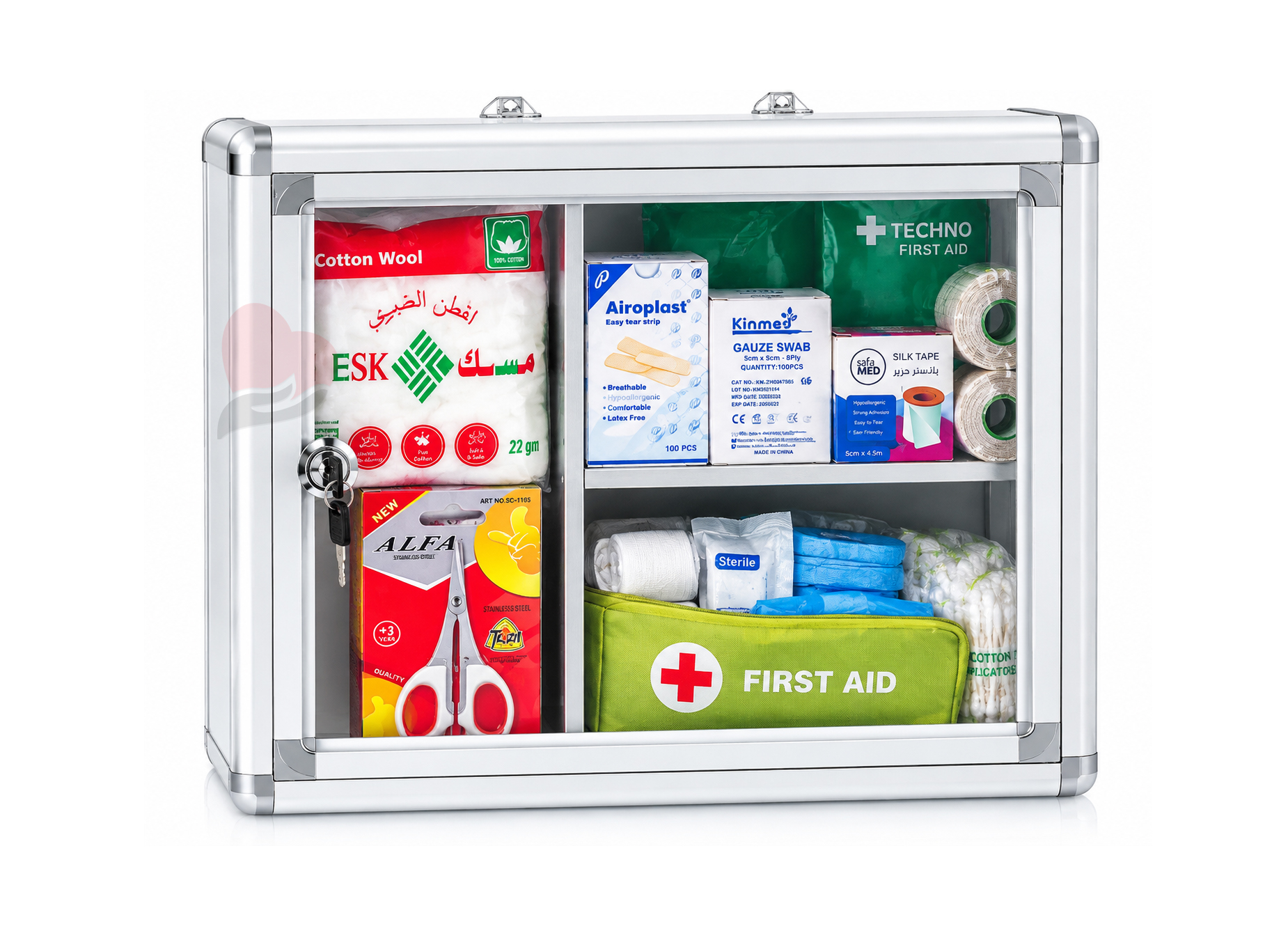 Aluminum First Aid Cabinet Full Set– Compact Medium Size,خزانة إسعافات أولية مدمجة للمستلزمات الطبية,صندوق إسعافات أولية المونيوم جداري (مع الأغراض),صندوق اسعافات اولية جداري