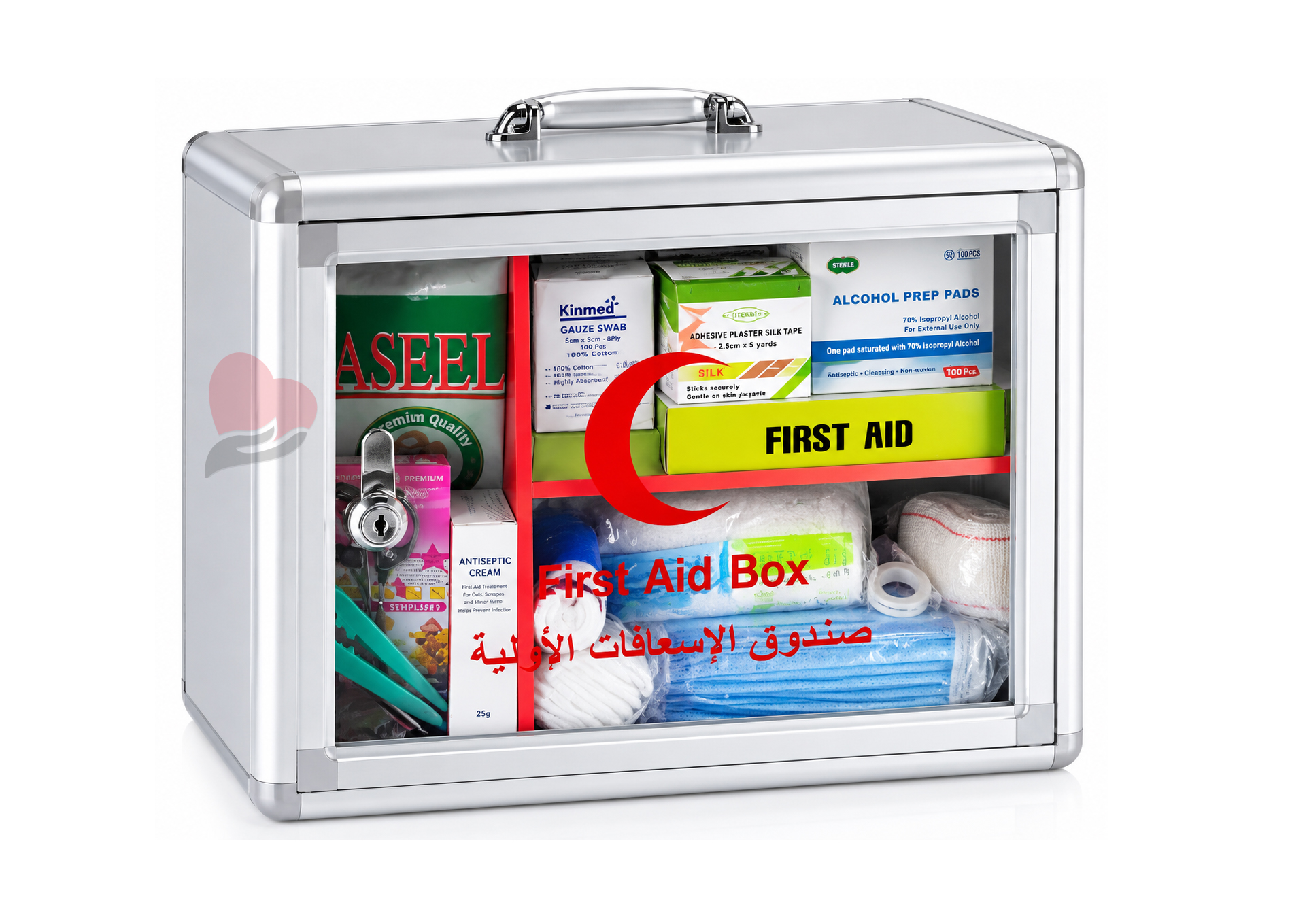 Aluminum First Aid Box Small Size Full Set / First Aid Cabinet with Materials,صندوق إسعافات أولية من الألومنيوم – حجم صغير,صندوق إسعافات أولية صغير مع مجموعة كاملة,صندوق الإسعافات الأولية الطبي المتكامل,صندوق إسعافات أولية للمكاتب والمصانع والمدارس