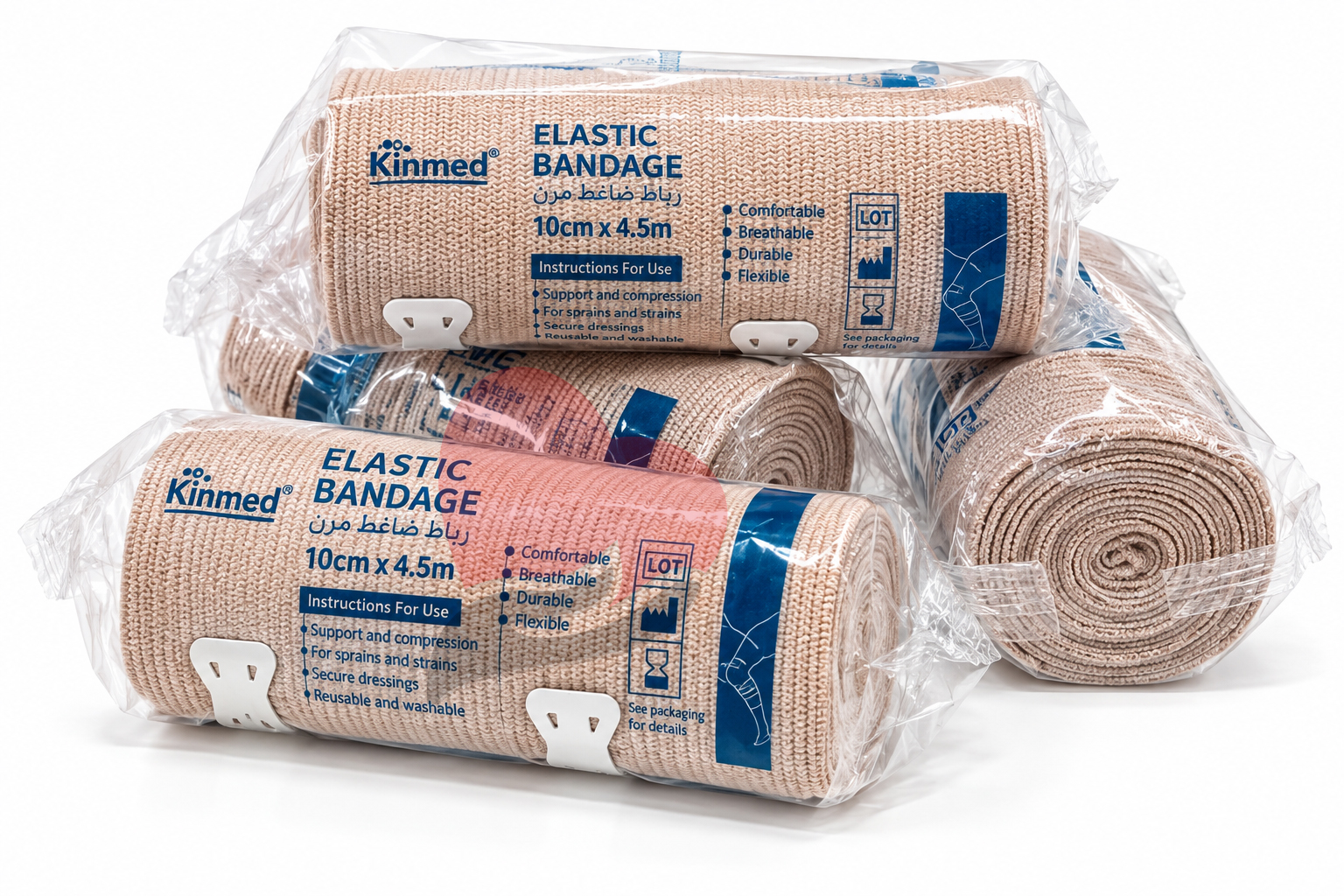 Kinmed Elastic Bandage – 10 cm x 4.5 m,Kinmed Elastic Compression Bandage 10cm x 4.5m,كينميد رباط ضاغط مرن 10cmX4.5m,رباط ظاغط 10 سم × 4.5 متر