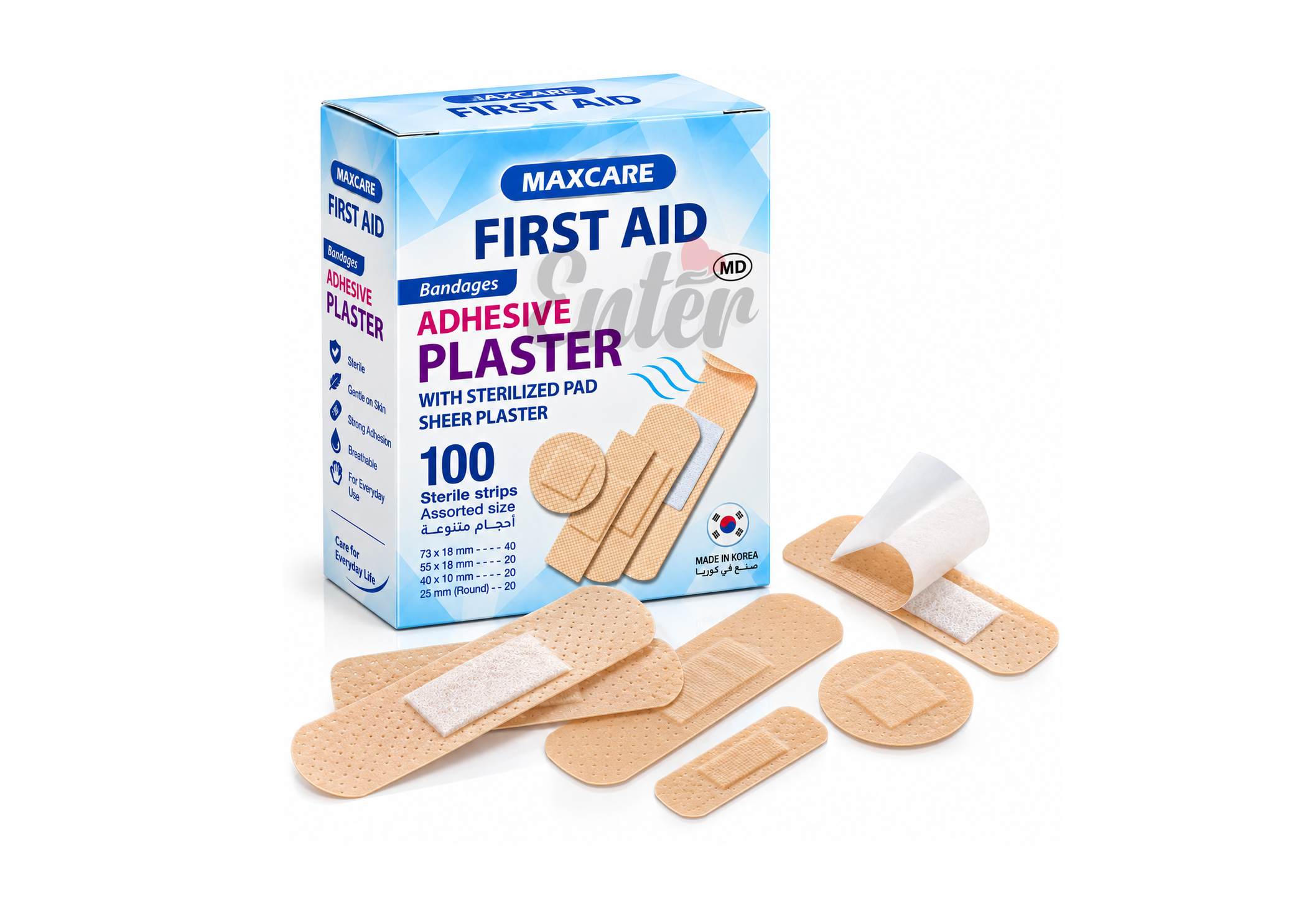 MAXCARE First Aid Adhesive Plaster – 100 Sterile Strips, Assorted Sizes Korea,اصقات إسعافات أولية معقمة لحماية الجروح والخدوش,ماكس كير لاصق طبي للجروح – 100 قطعة,مجموعة لاصقات إسعافات أولية متعددة الأحجام