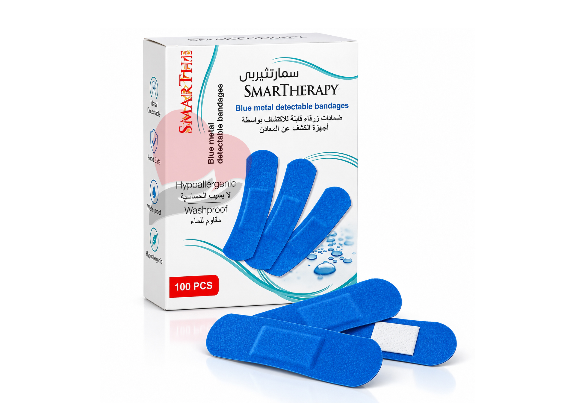 SMARTHERAPY Blue Metal Detectable Bandages – 19 x 72 mm 100 Pieces,ضمادات زرقاء قابلة للكشف عن المعادن – حماية موثوقة للجروح,ضمادات لاصقة زرقاء للكشف عن المعادن مقاس 19 × 72 مم,سمارت ثيرابي – ضمادات زرقاء للحماية المهنية