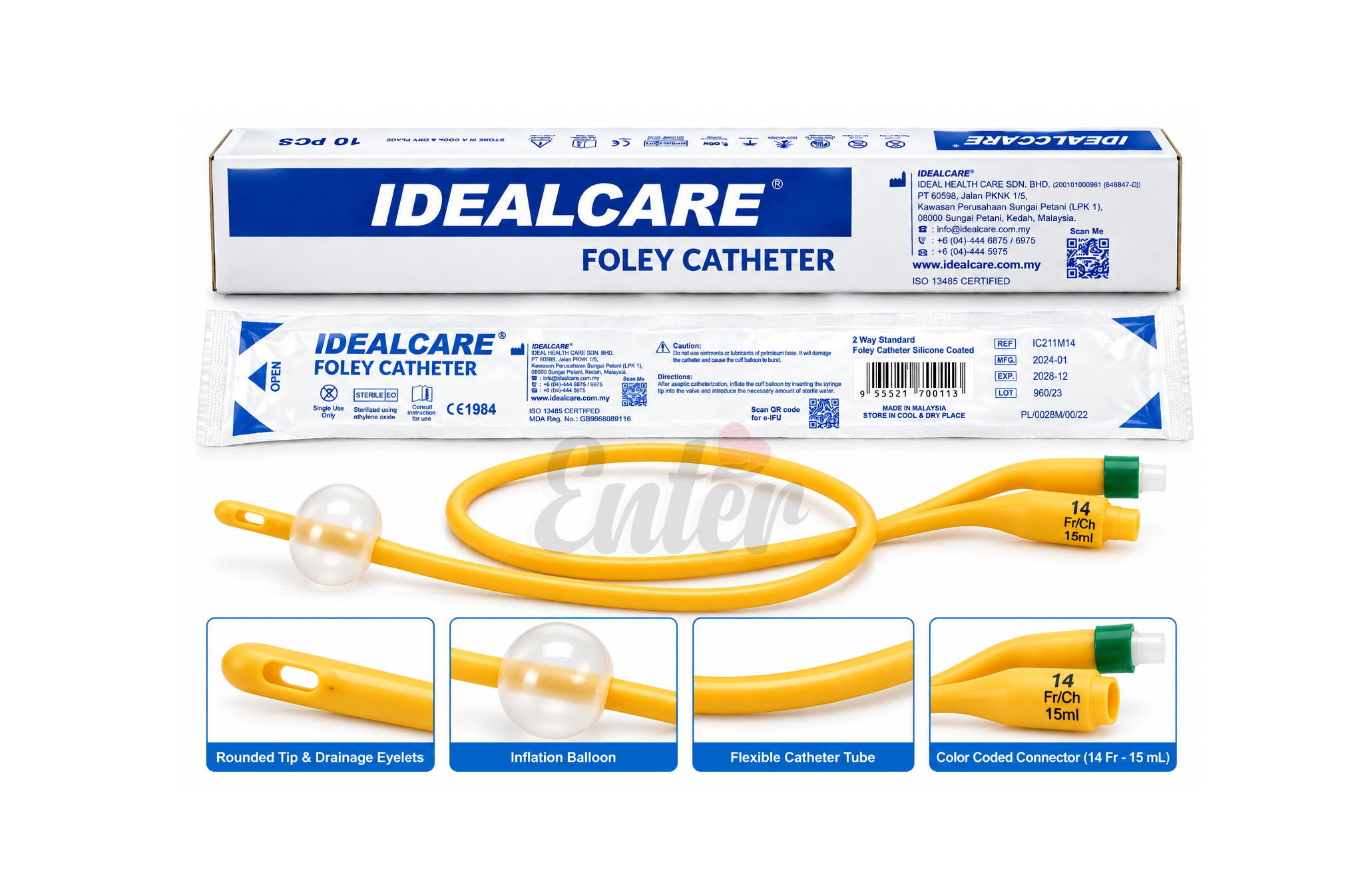 IDEALCARE Latex Foley Catheter 14 Fr – 15 mL Balloon,قسطرة فولي 14 فر – بالون 15 مل,قسطرة بولية فولي مع بالون 15 مل,قسطرة بولية فولي معقمة – مقاس 14 فر / 15 مل