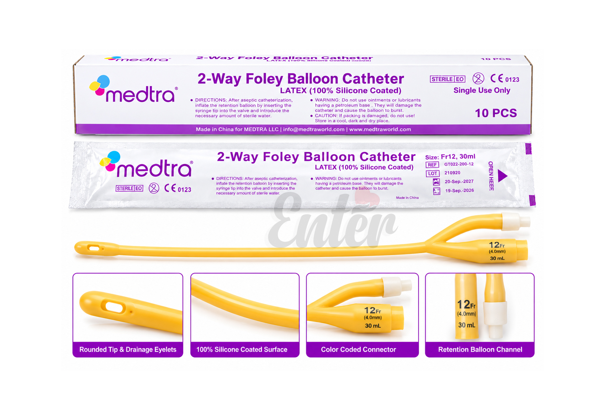 Medtra 2-Way Foley Balloon Catheter – 12 Fr, 30 mL,قسطرة فولي بالونية ثنائية الاتجاه – 12 فر / 30 مل,قسطرة فولي لاتكس مطلية ,100% بالسيليكون2-Way Balloon Foley Catheter – 12 Fr / 30 ml