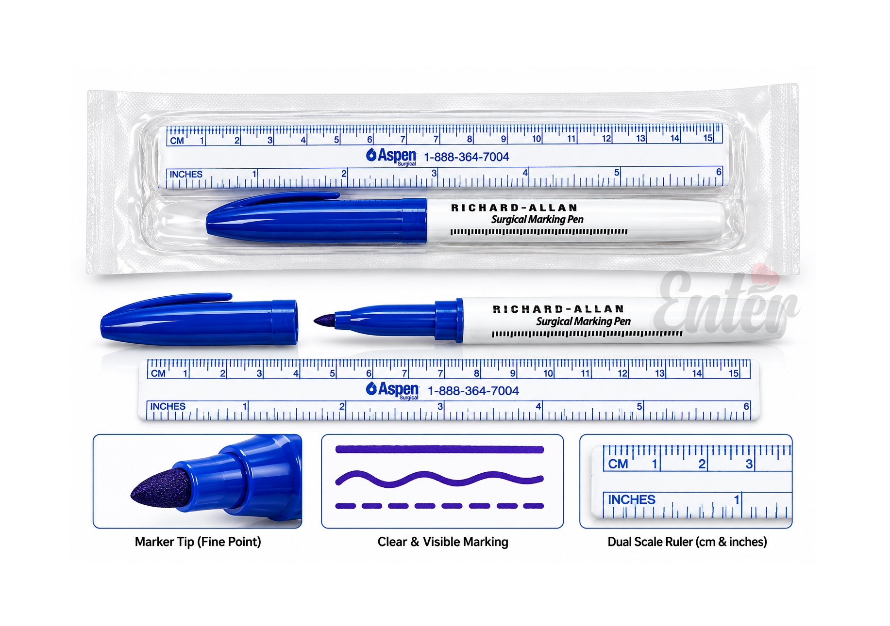 Richard-Allan® Surgical Skin Marker – Modern Taper Tip with Ruler & 6 Labels Made in USA,قلم تحديد الجلد الجراحي Richard-Allan مع مسطرة و6 ملصقات,قلم تحديد الجلد,قلم جراحي للعلامات الجلدية