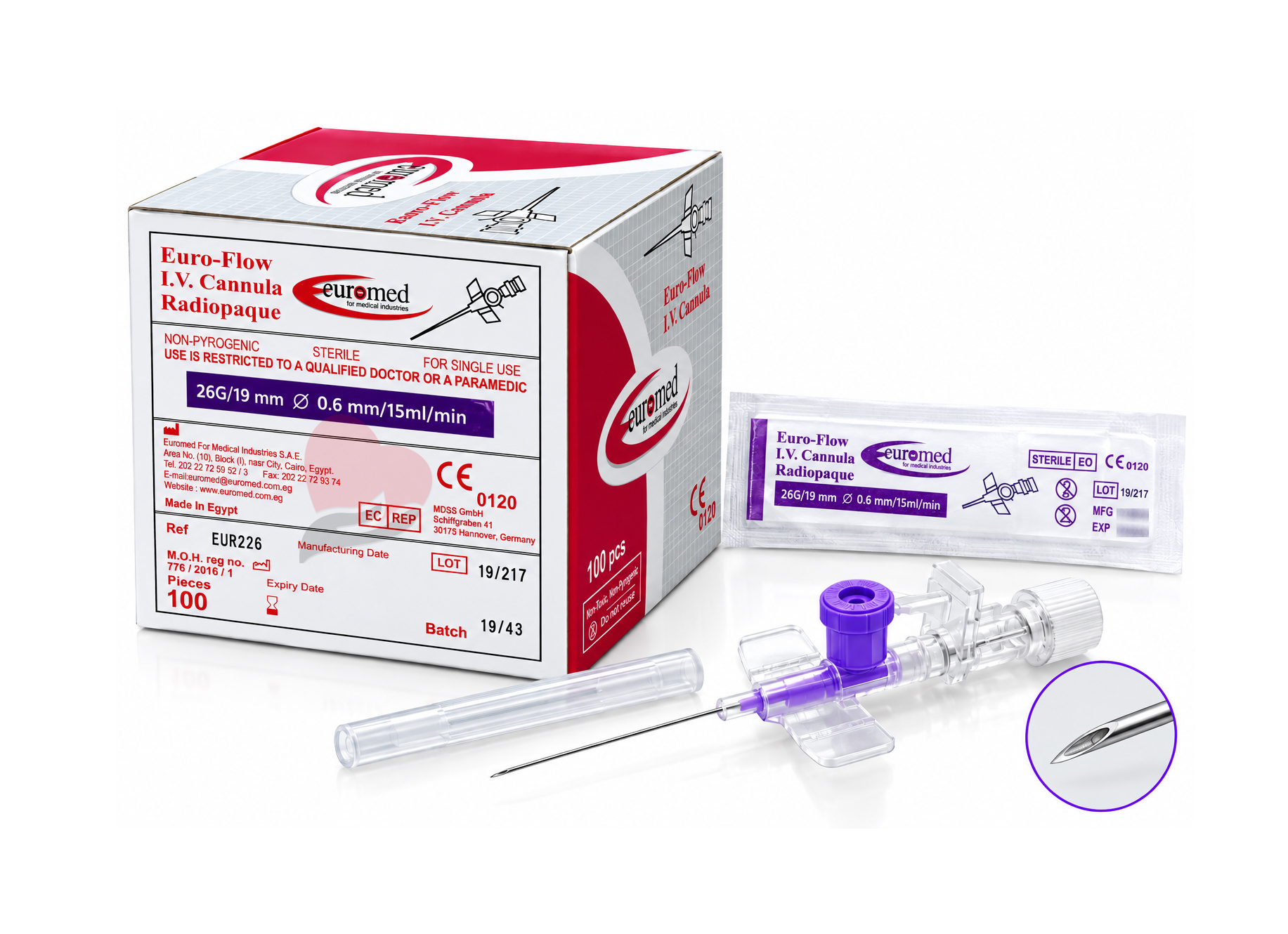 Euromed Euro-Flow I.V. Cannula Radiopaque – 26G x 19 mm,كانولا وريدية راديوباك يورو فلو,